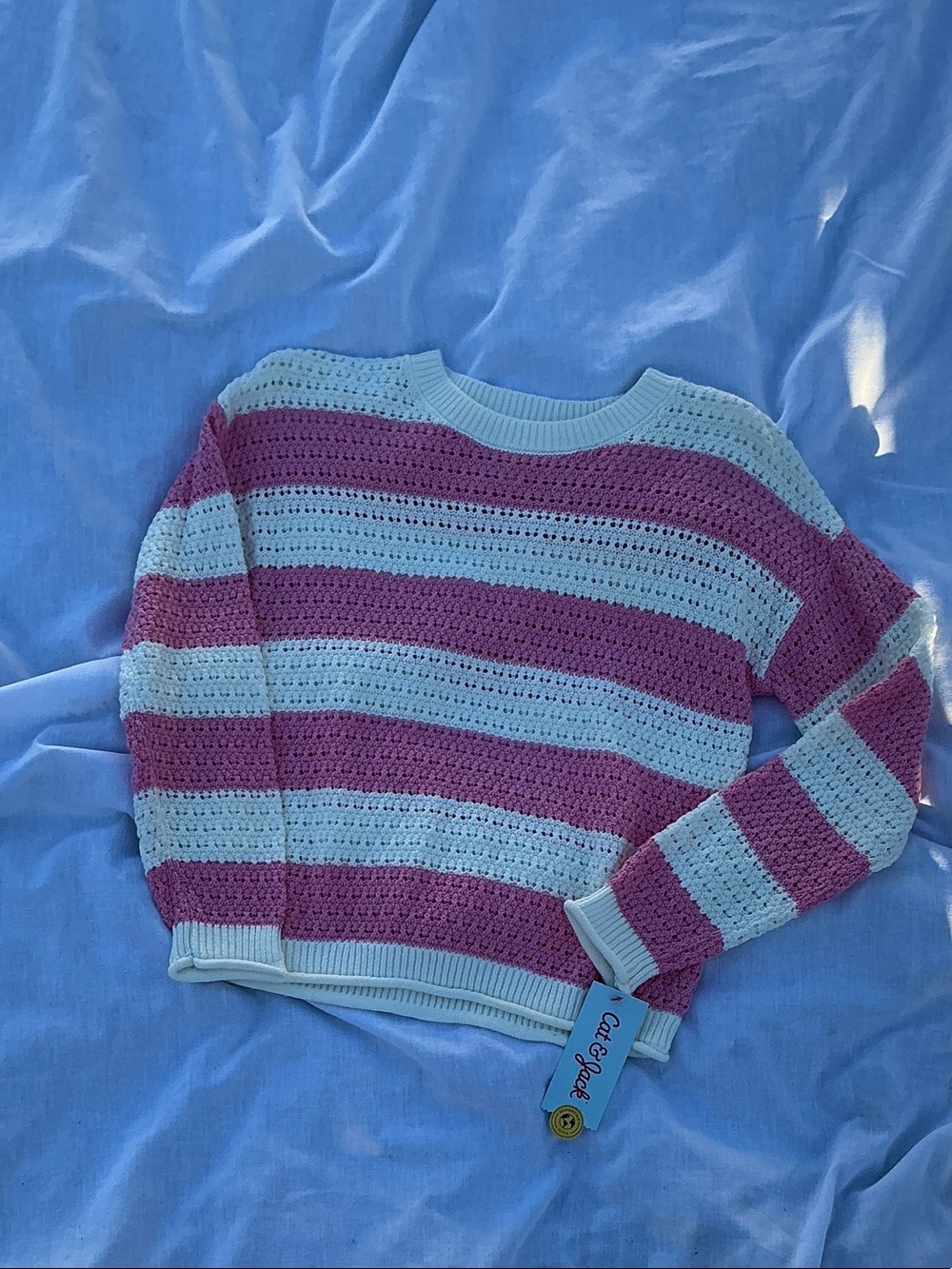 Cat & Jack Pink and Cream Striped Crochet Crewneck Sweater